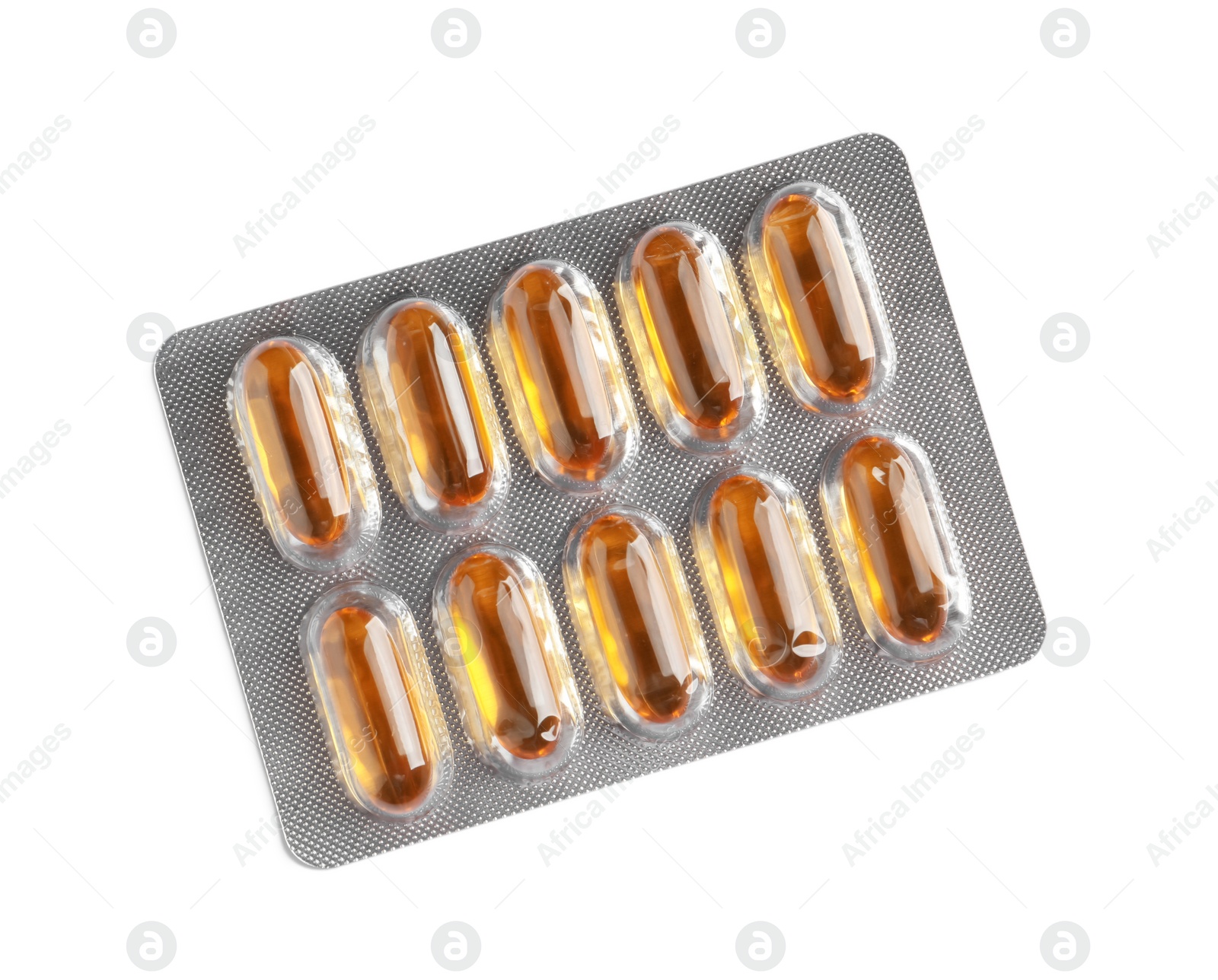 Photo of Blister with bright pills isolated on white, top view