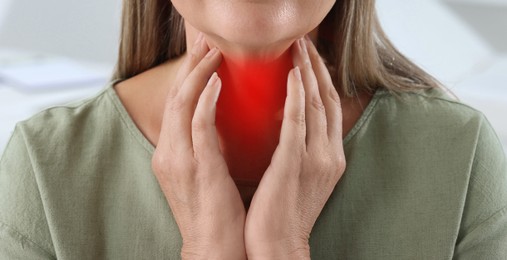 Endocrine system. Woman doing thyroid self examination, closeup. Banner design