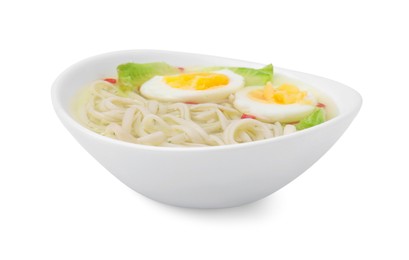 Bowl of delicious rice noodle soup with celery and egg isolated on white