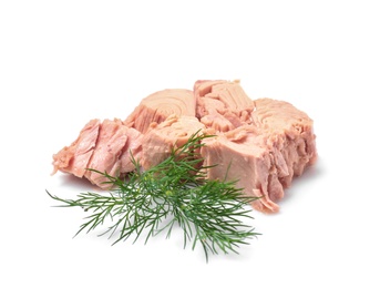 Photo of Pieces of canned tuna with dill on white background