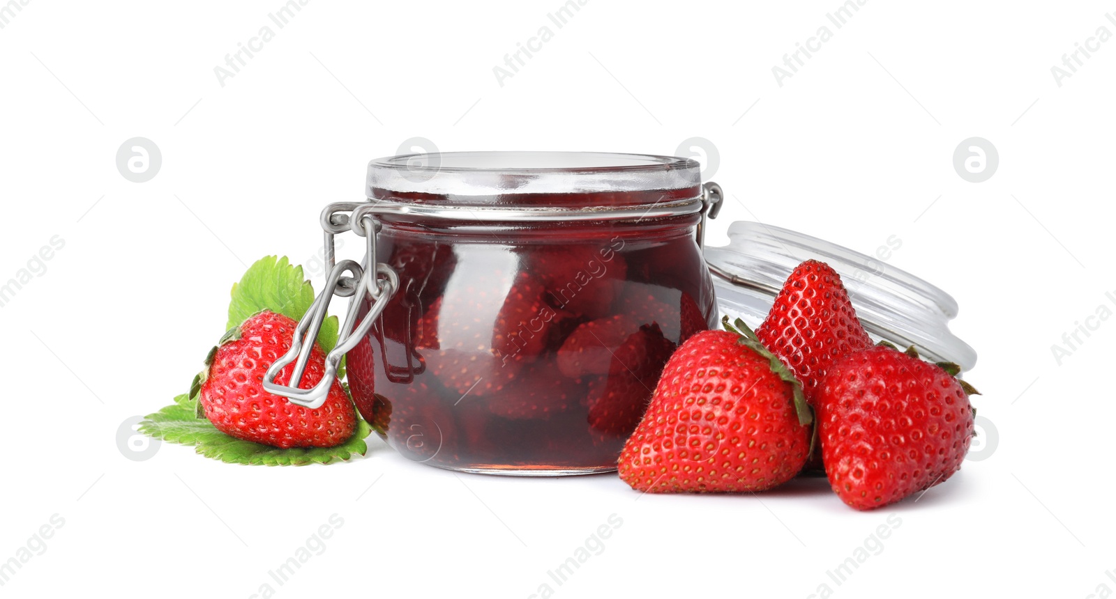 Photo of Delicious pickled strawberry jam and fresh berries isolated on white