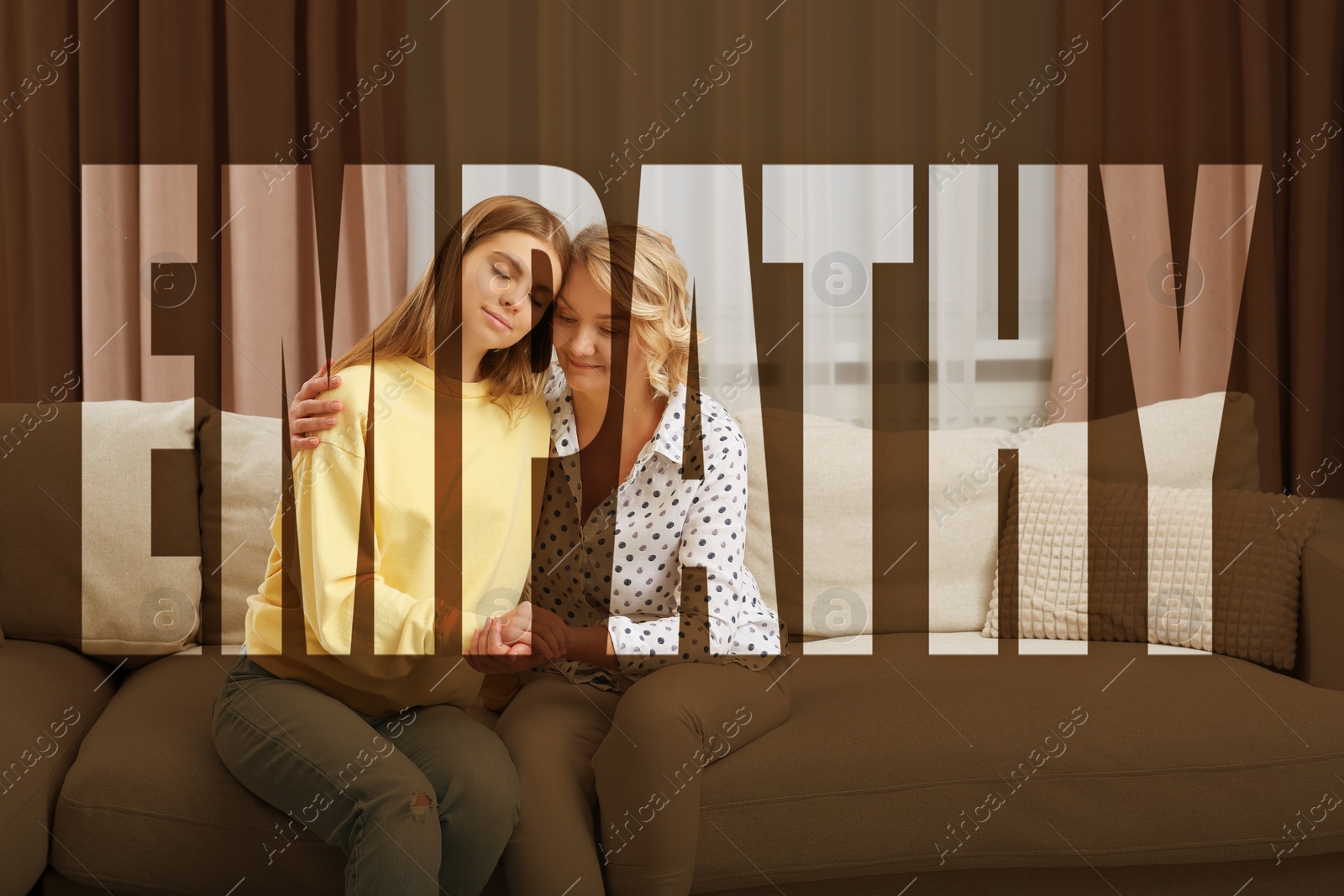 Image of Emotional support. Mother hugging her daughter indoors, view through word Empathy
