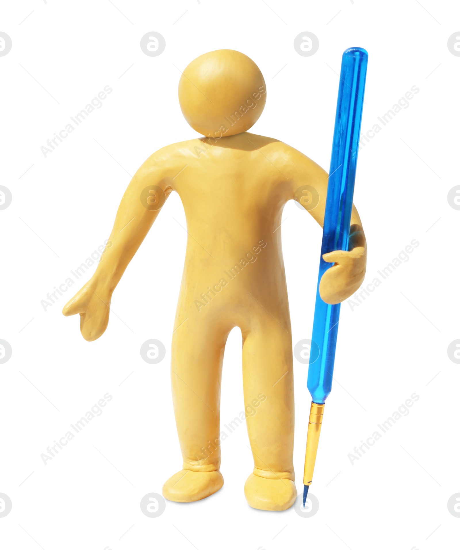 Photo of Human figure made of yellow plasticine holding paintbrush isolated on white