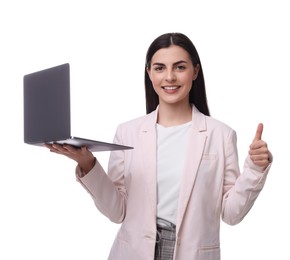 Photo of Beautiful happy businesswoman with laptop showing thumbs up on white background