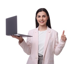 Beautiful happy businesswoman with laptop showing thumbs up on white background