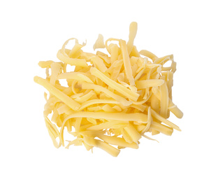 Pile of grated cheese isolated on white, top view