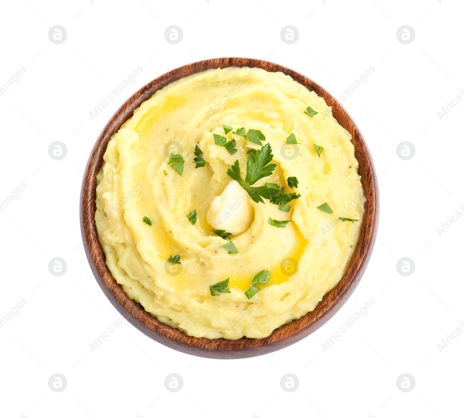Photo of Bowl of freshly cooked mashed potatoes with parsley isolated on white, top view