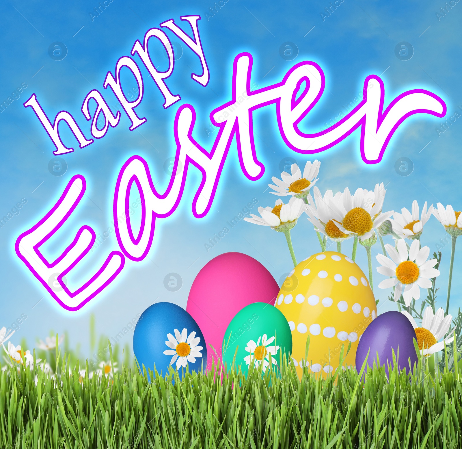 Image of Happy Easter. Bright eggs and spring flowers on green grass outdoors
