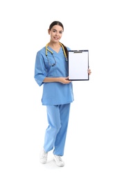 Full length portrait of medical assistant with stethoscope and clipboard on white background. Space for text