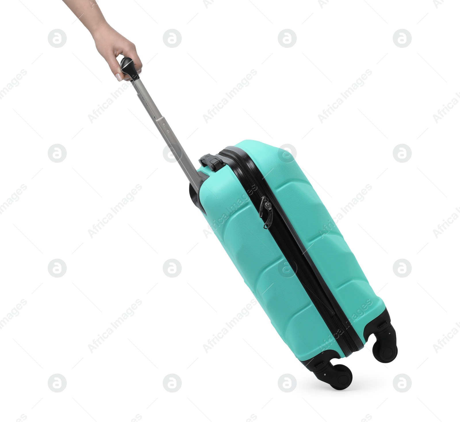 Photo of Woman with turquoise suitcase on white background, closeup