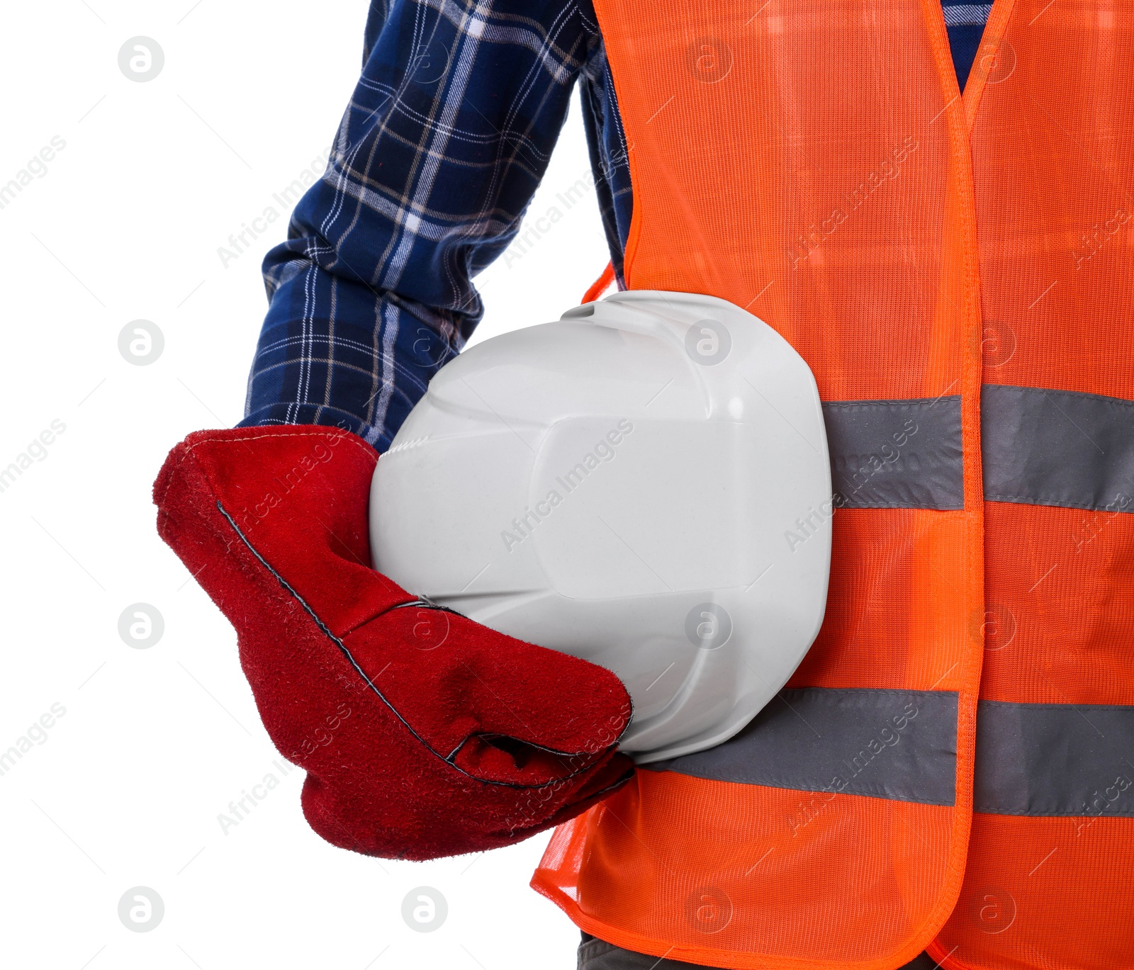 Photo of Young man holding hardhat on white background, closeup. Safety equipment