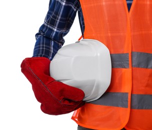 Young man holding hardhat on white background, closeup. Safety equipment