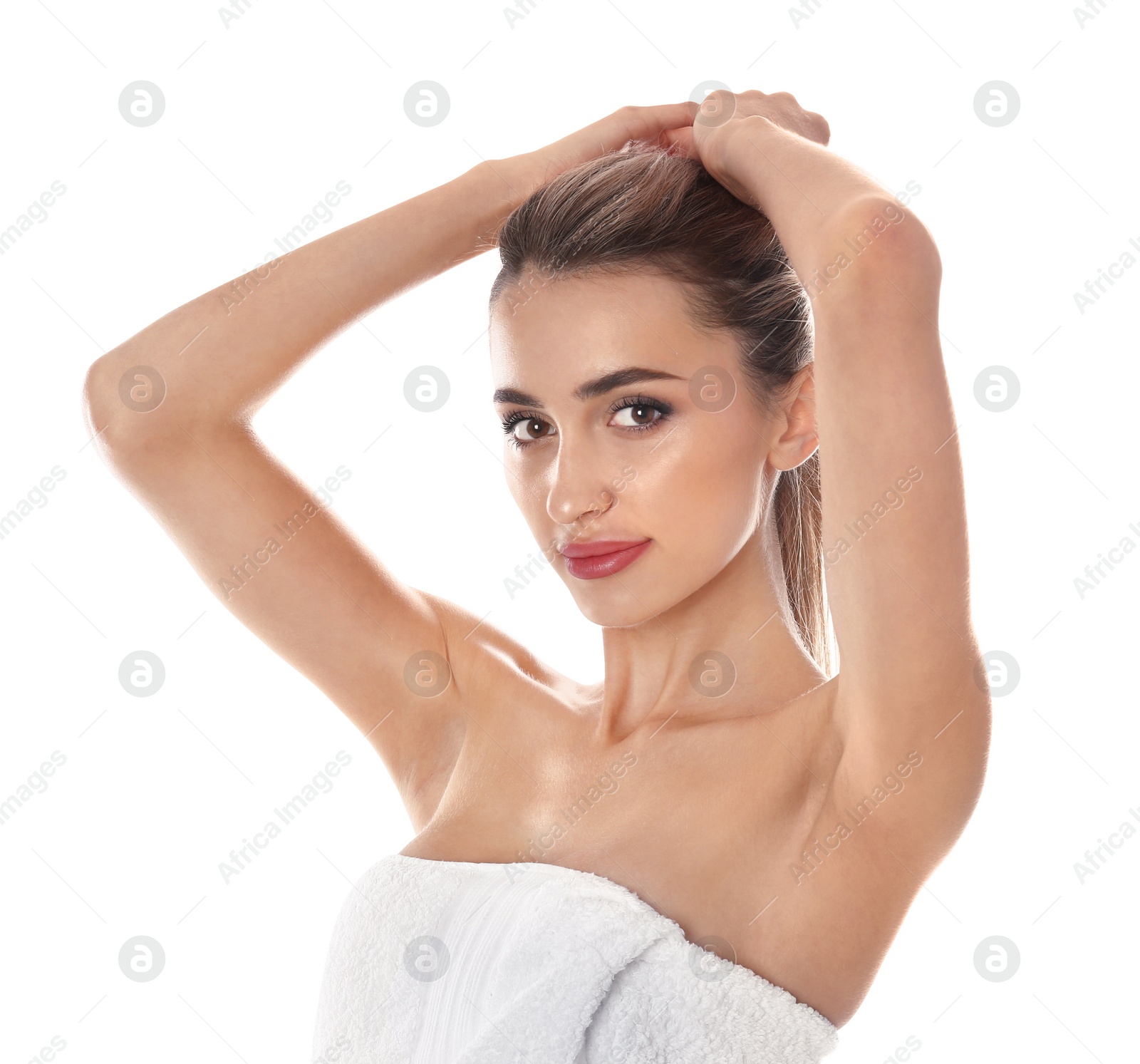 Photo of Young woman showing armpit on white background. Epilation procedure