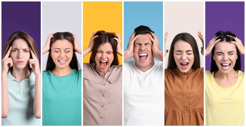 Image of Collage with photos of stressed people on color backgrounds