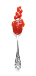 Delicious tomato sauce and spoon on white background, top view