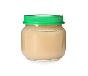 Photo of Baby food. Tasty healthy puree in jar isolated on white