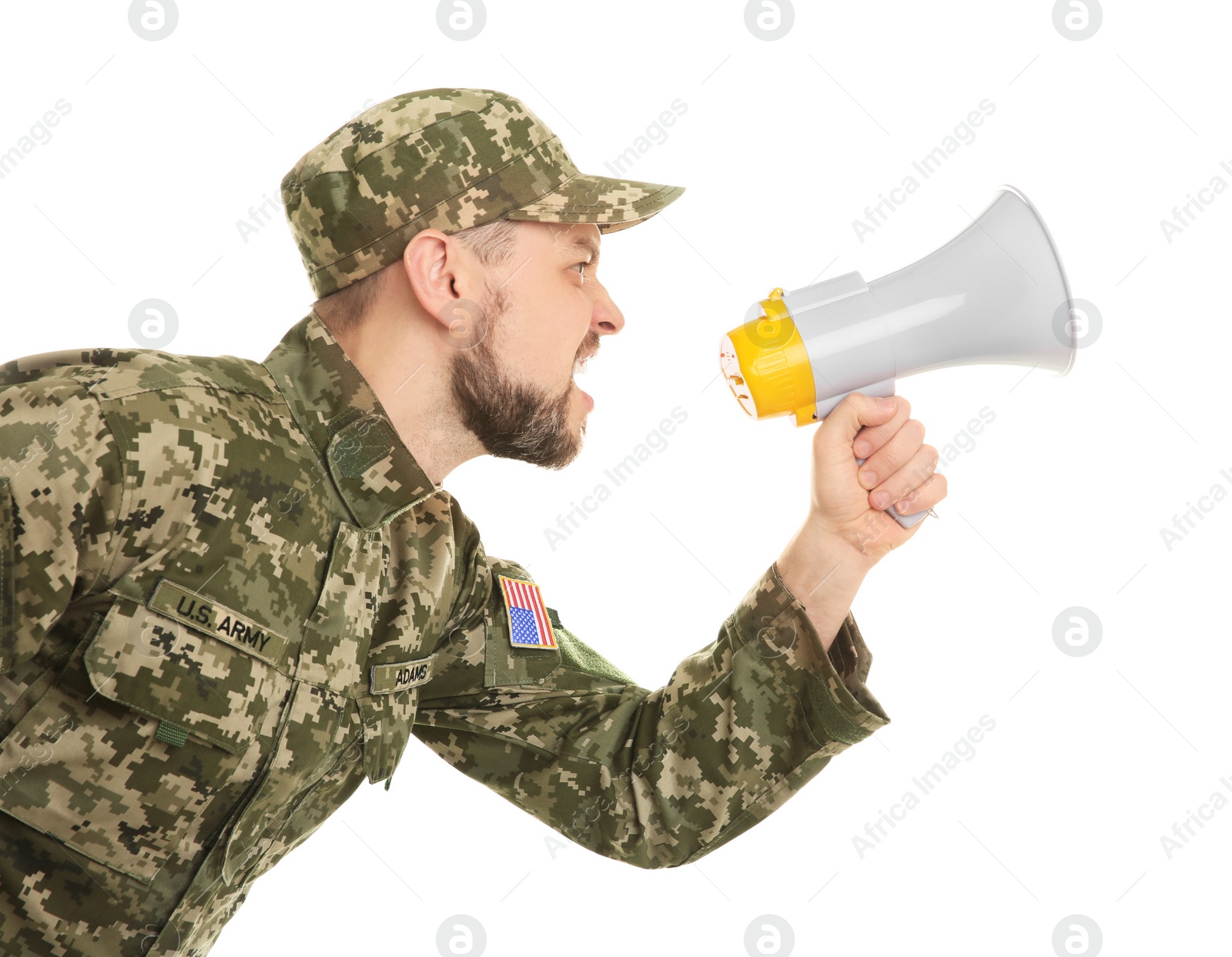 Photo of Military man shouting into megaphone on white background