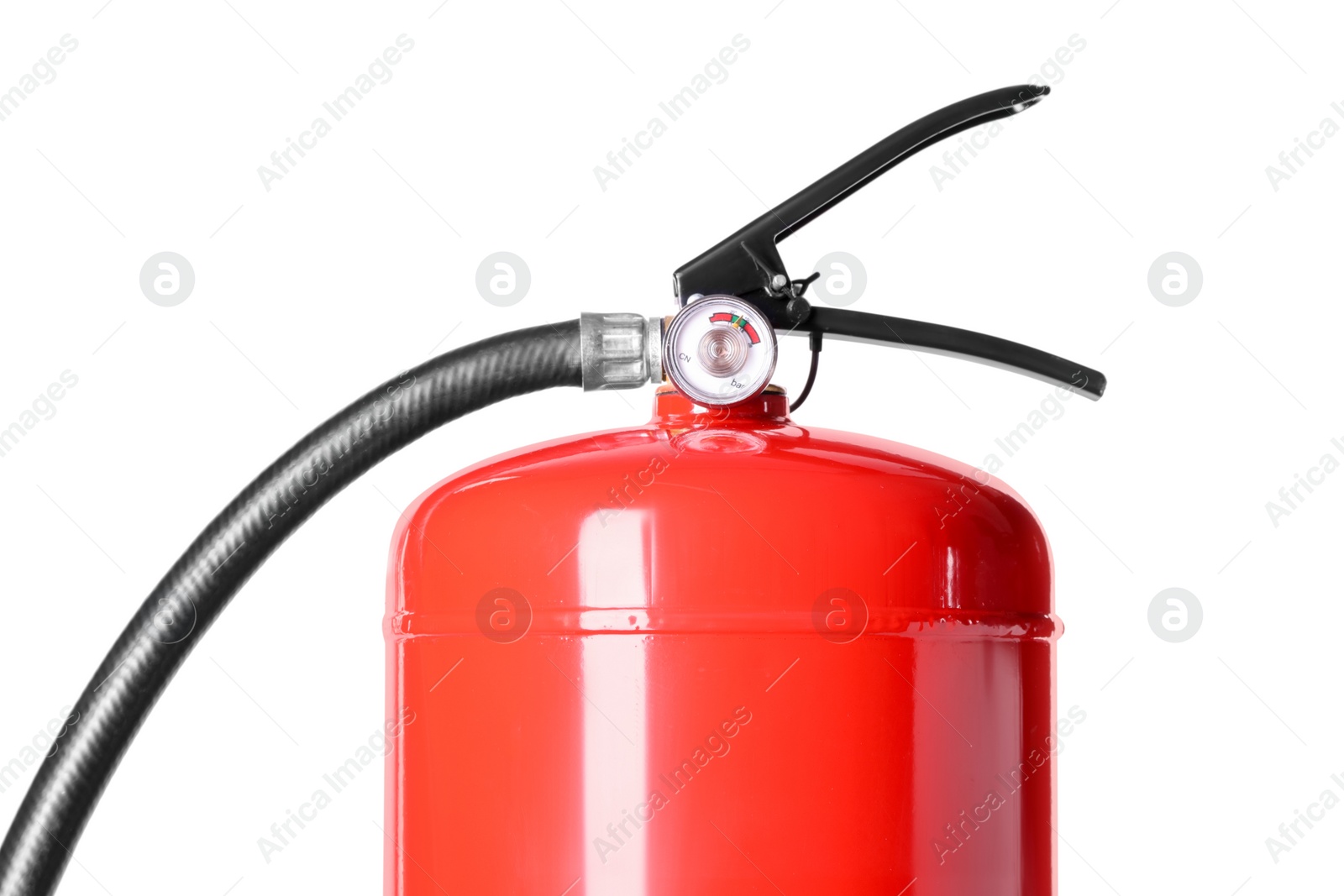 Photo of One red fire extinguisher on white background