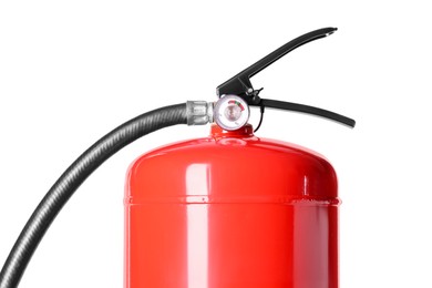 Photo of One red fire extinguisher on white background