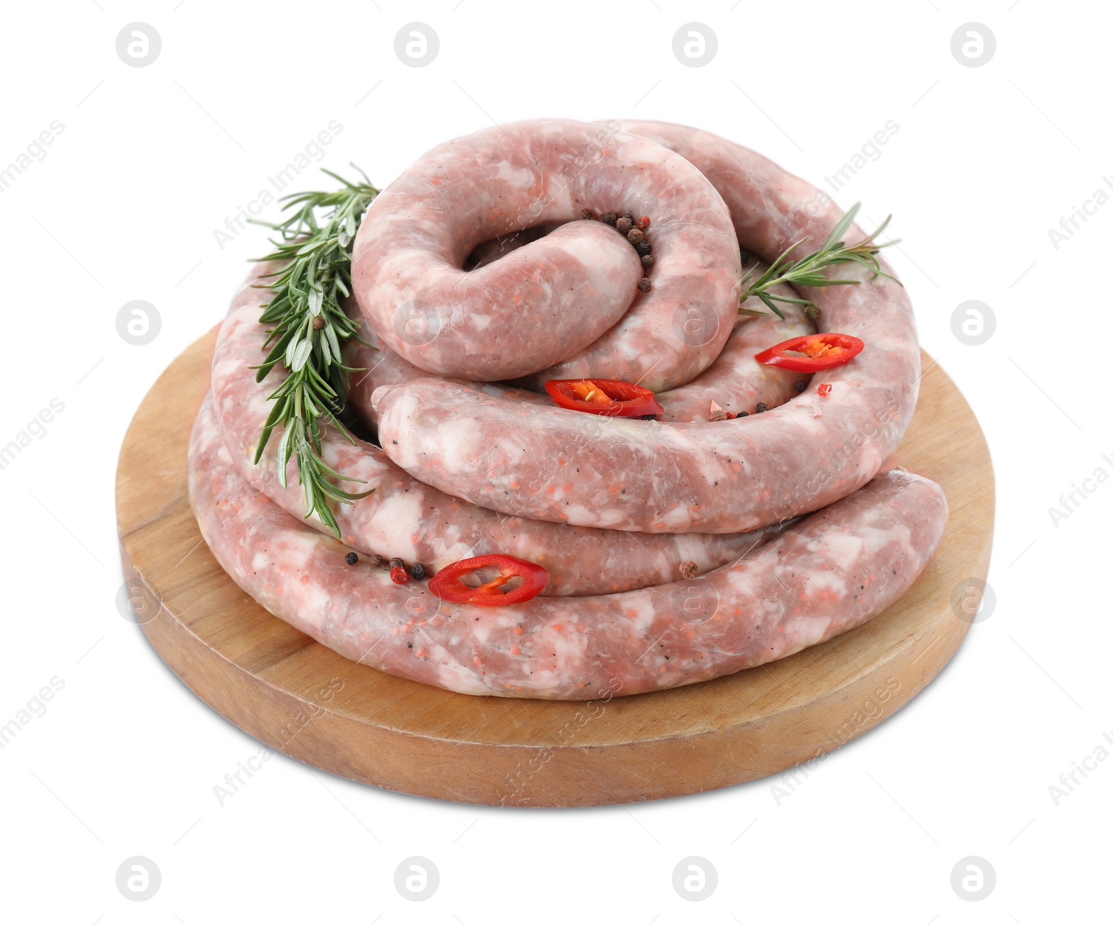Photo of Board with homemade sausages, chili, rosemary and peppercorns isolated on white