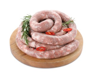 Photo of Board with homemade sausages, chili, rosemary and peppercorns isolated on white