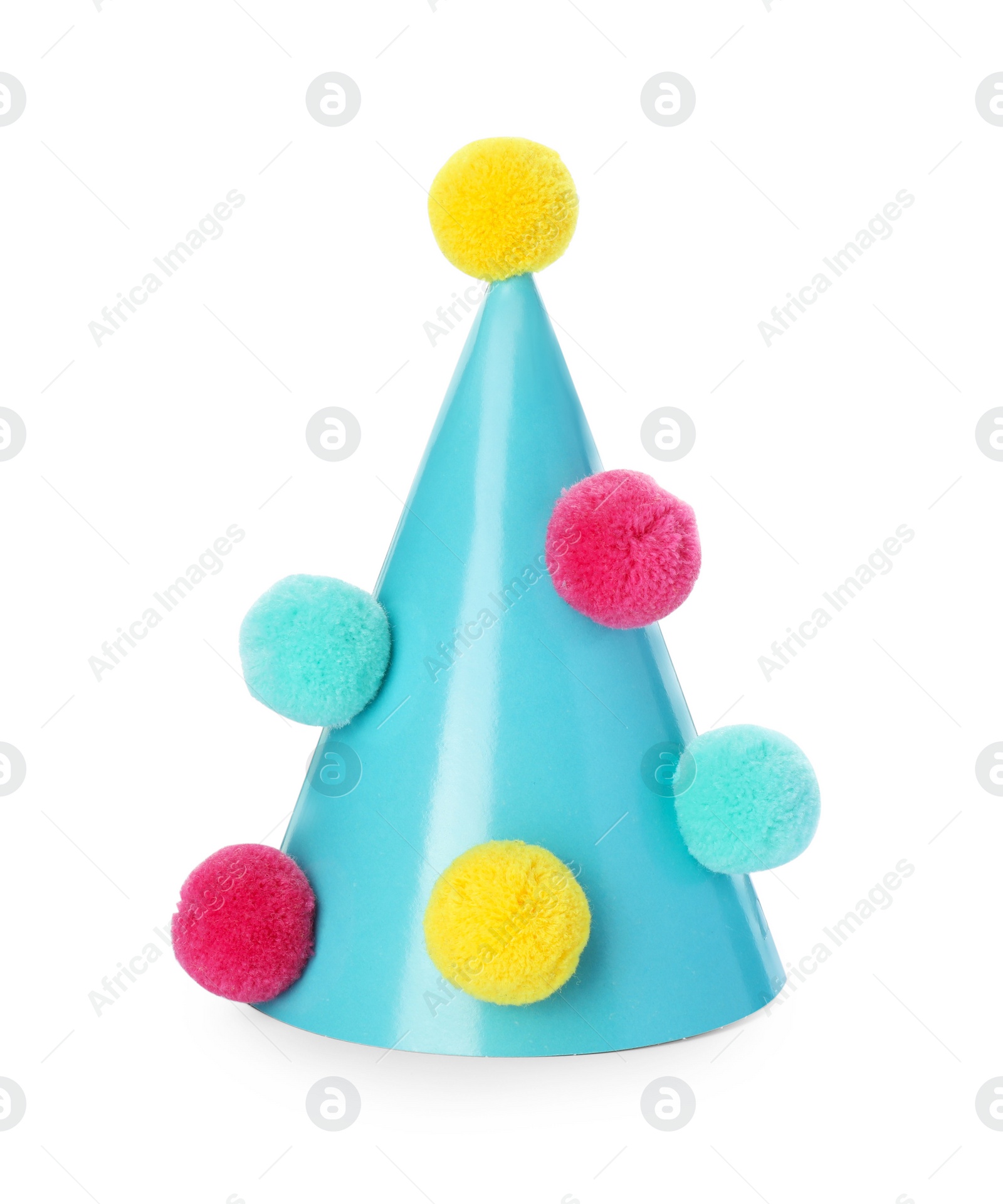 Photo of One light blue party hat with pompoms isolated on white