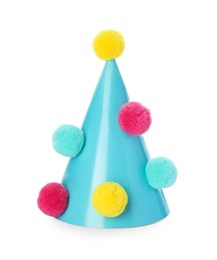 One light blue party hat with pompoms isolated on white