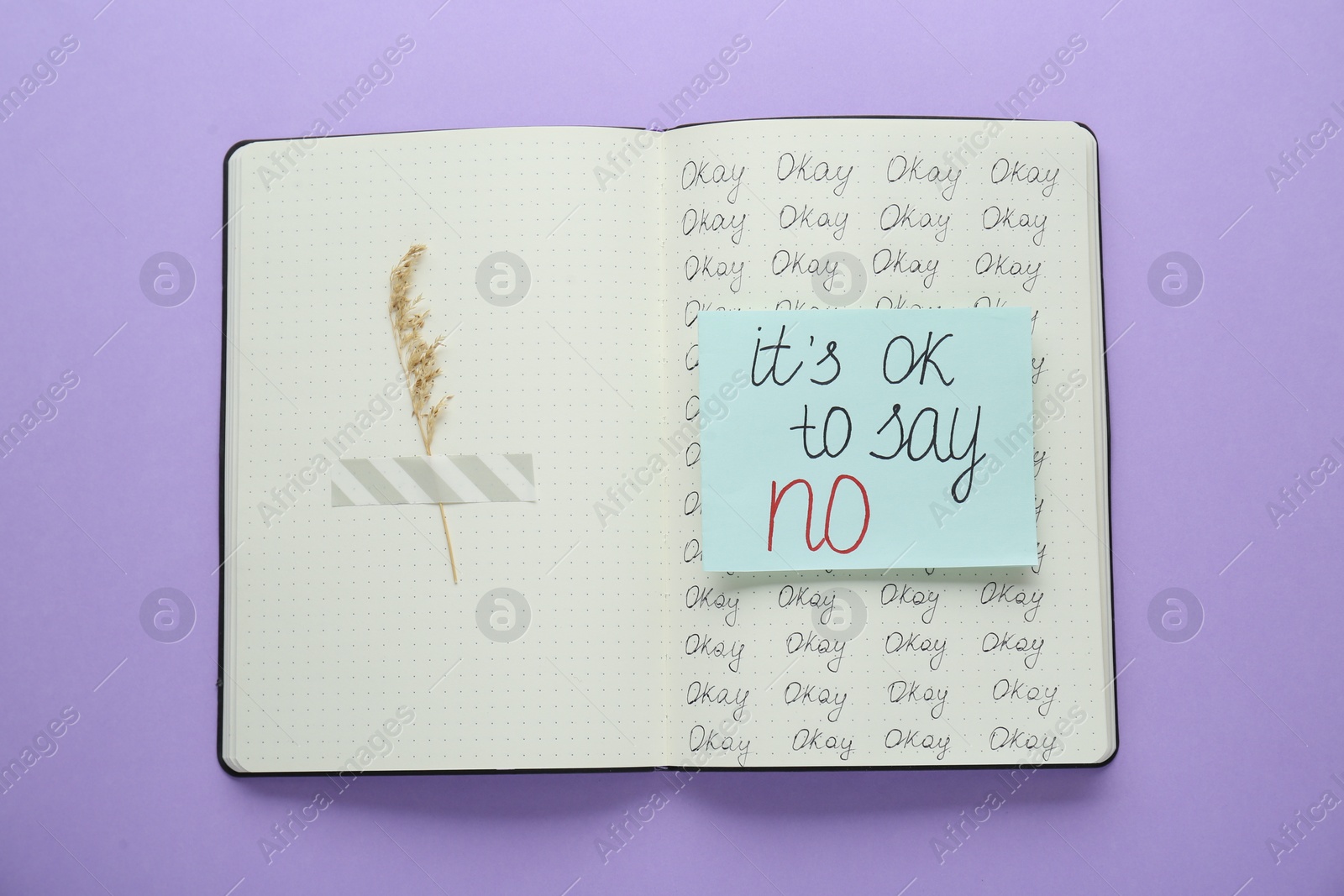 Photo of Phrase It`s Ok to Say No and dry flower attached with adhesive tape in notebook on violet background, top view