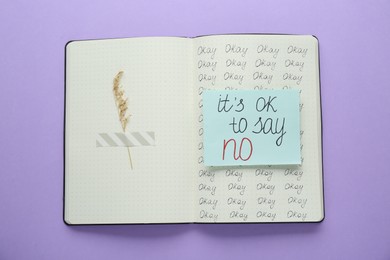 Photo of Phrase It`s Ok to Say No and dry flower attached with adhesive tape in notebook on violet background, top view