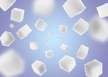 Refined sugar cubes in air on blue gradient background