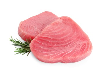 Photo of Raw tuna fillets with rosemary on white background