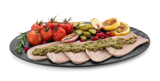 Photo of Tasty beef tongue pieces, pesto sauce, berries, lemon, tomatoes and pickled cucumbers isolated on white