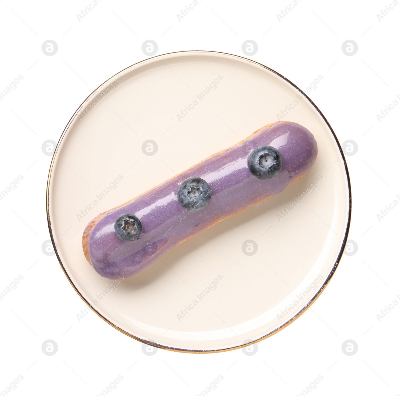 Photo of Delicious eclair decorated with blueberries isolated on white, top view