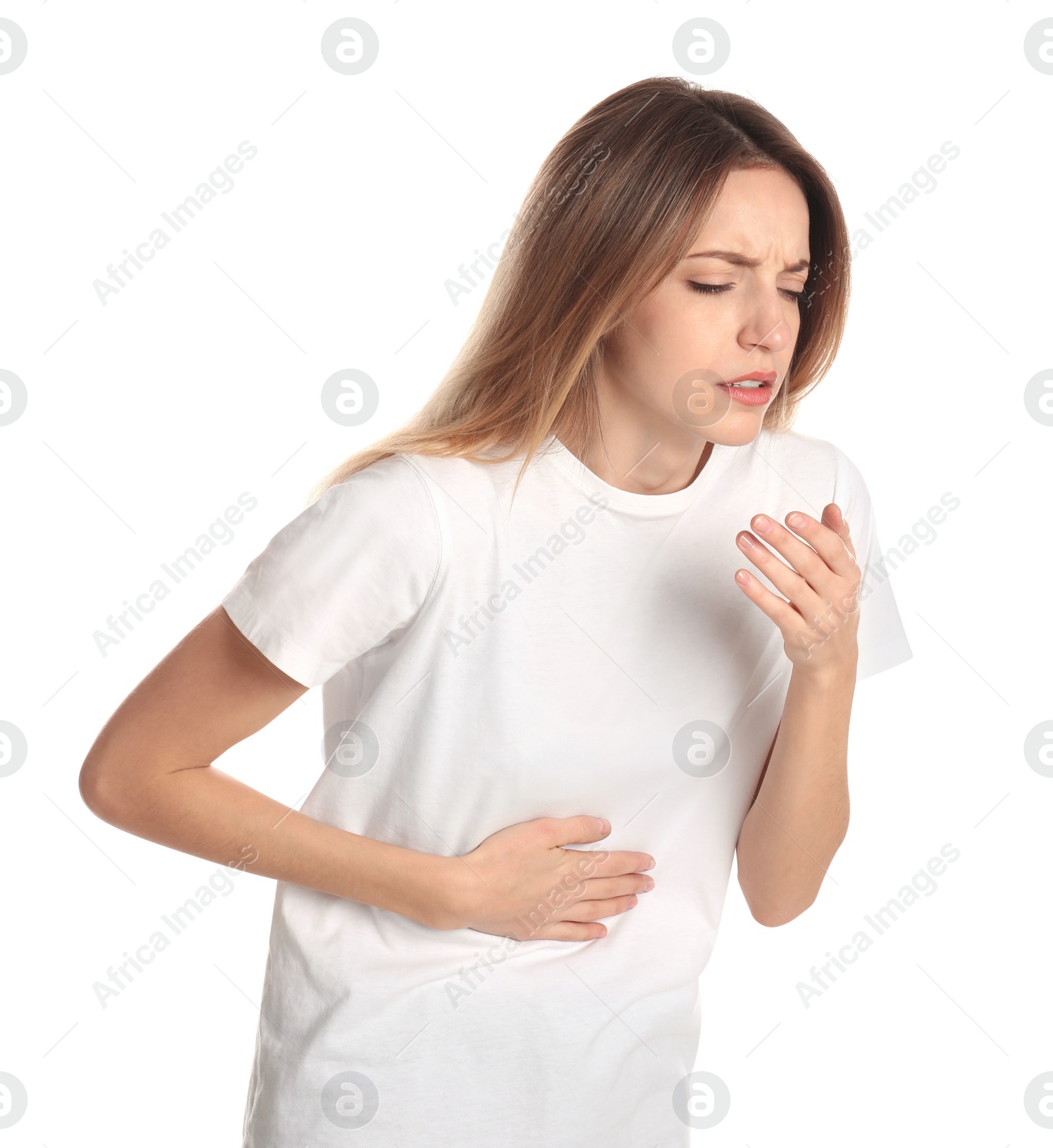 Photo of Woman suffering from nausea on white background. Food poisoning