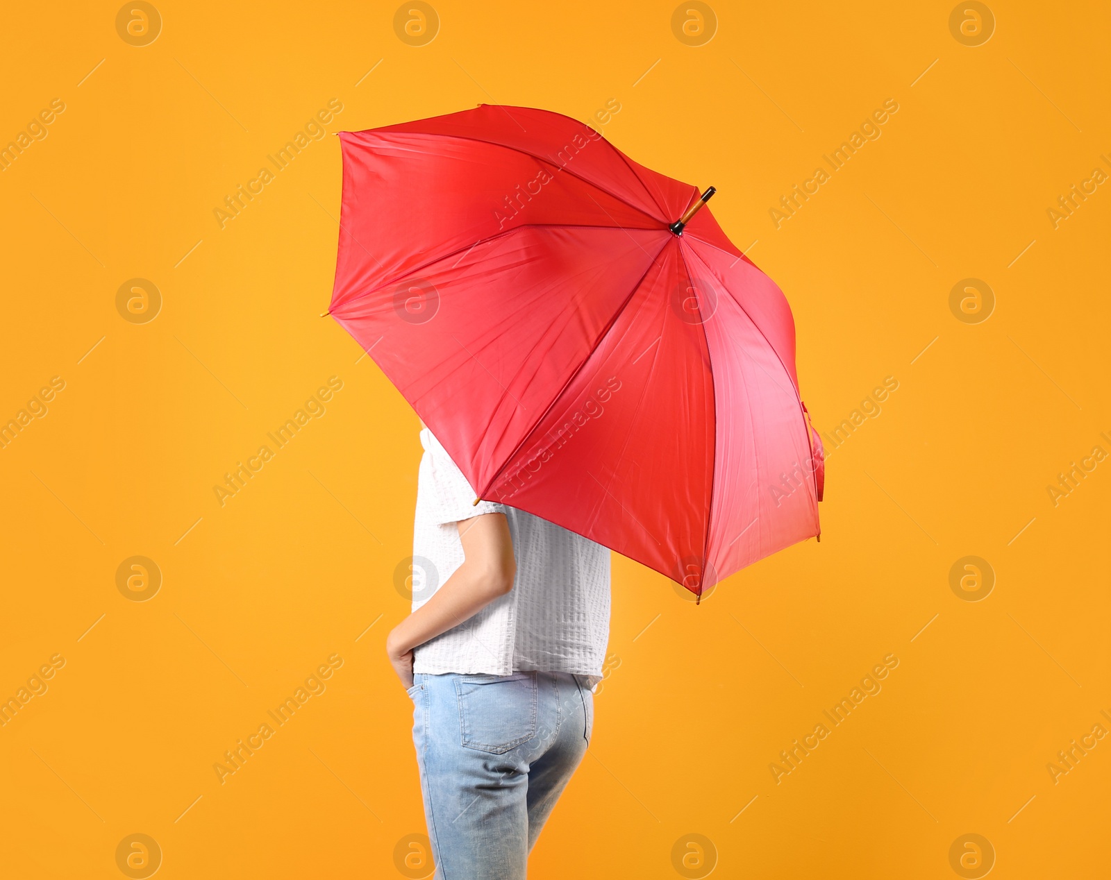 Photo of Woman with red umbrella on color background