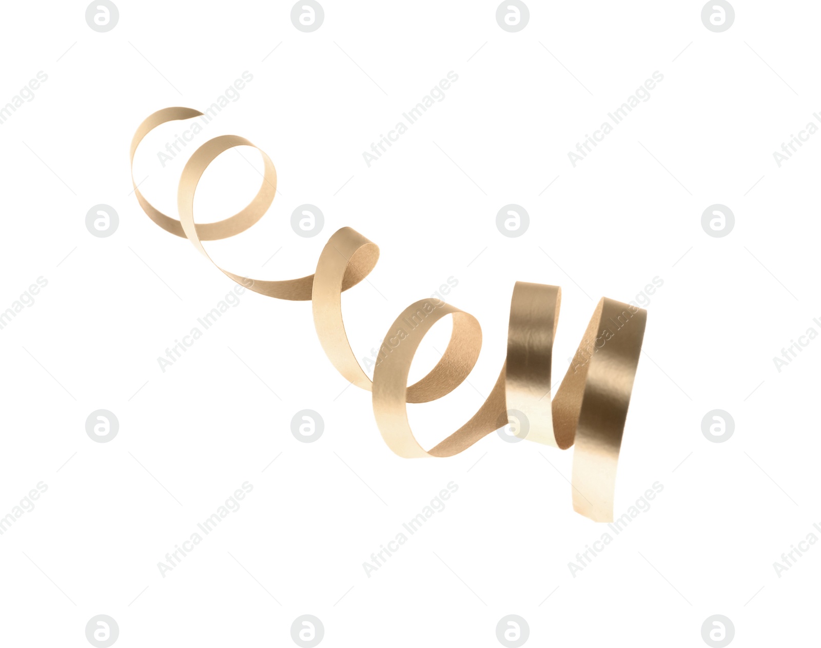 Photo of Shiny serpentine streamer on white background. Festive decor