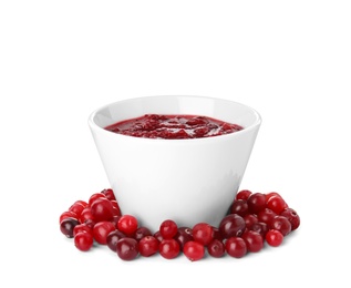Photo of Bowl of cranberry sauce on white background