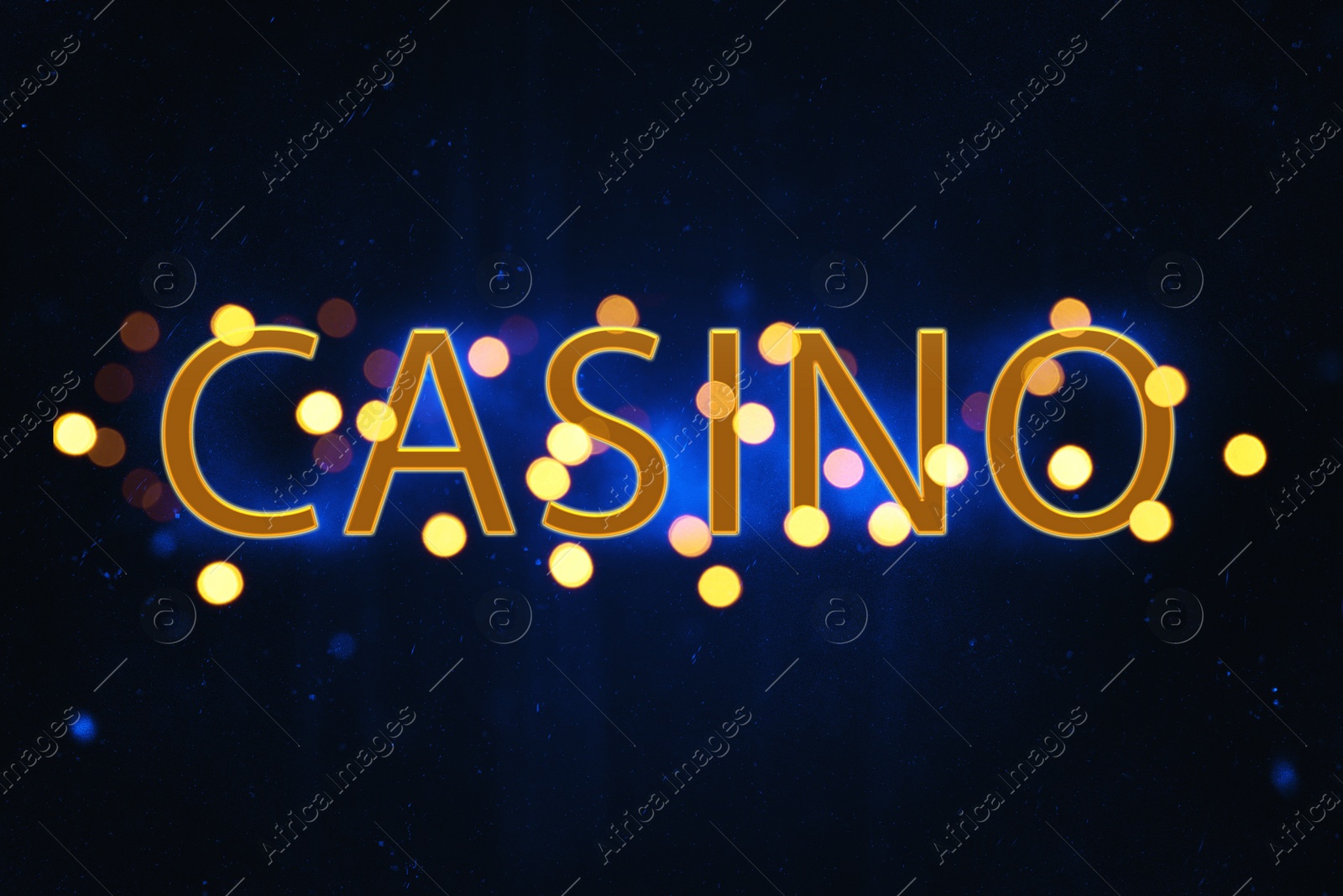 Illustration of Word Casino against blurred lights in darkness. Bokeh effect