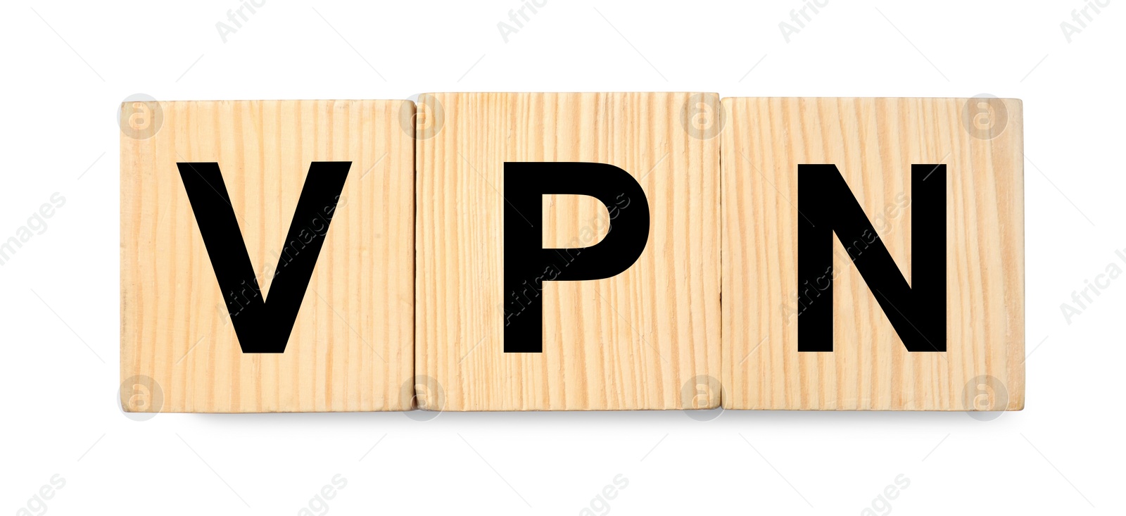 Photo of Cubes with acronym VPN on white background, top view