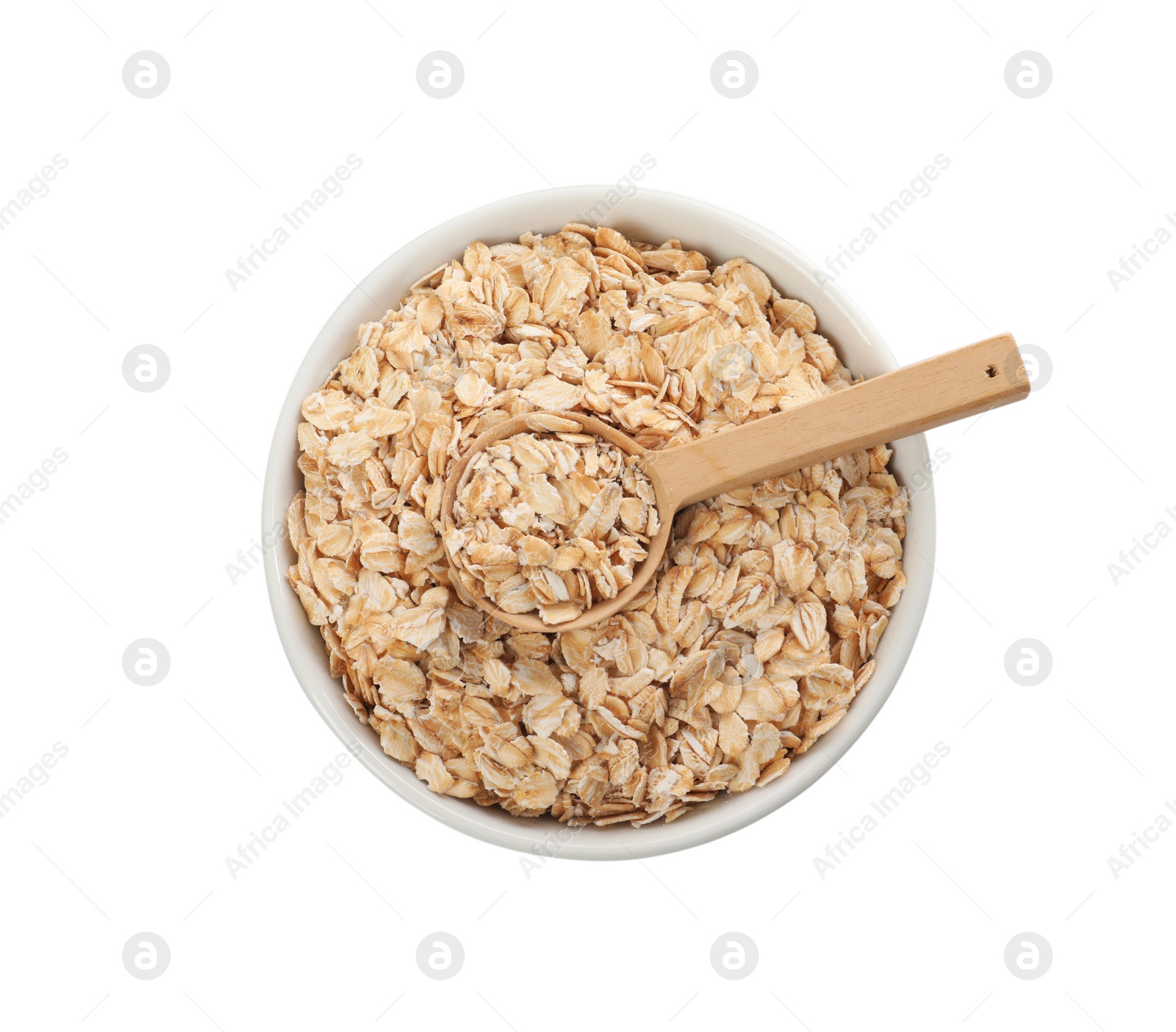 Photo of Bowl and spoon with oatmeal isolated on white, top view