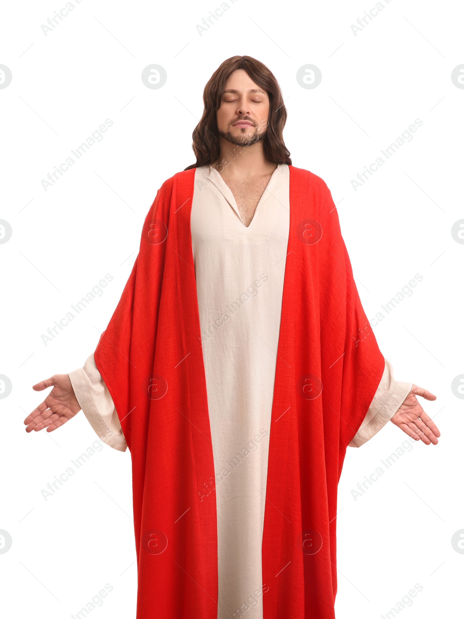 Photo of Jesus Christ with outstretched arms on white background