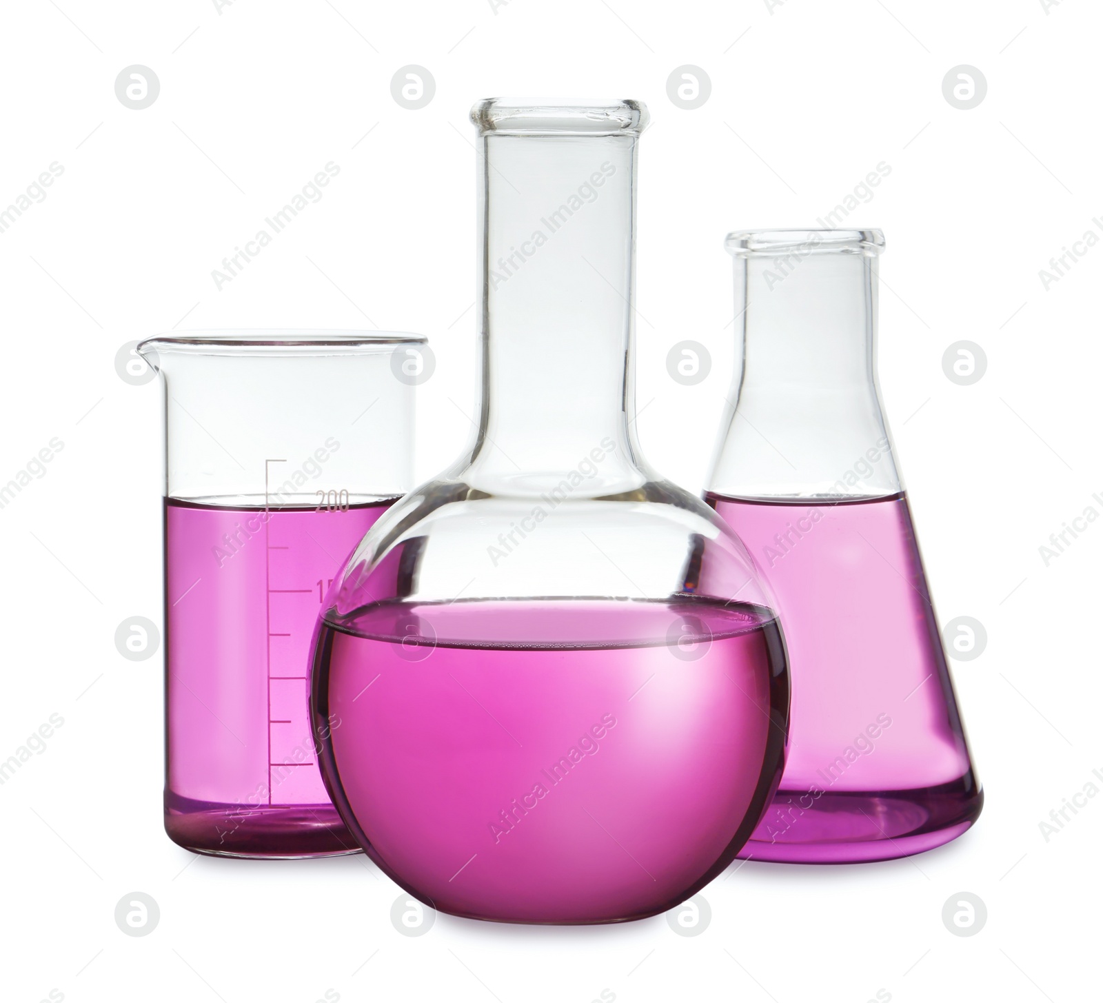 Photo of Laboratory glassware with purple liquid on white background