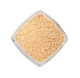 Photo of Raw quinoa in glass bowl isolated on white, top view