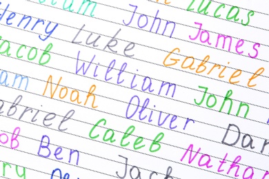 Different baby names written on paper, closeup