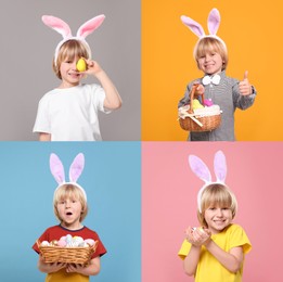 Image of Photos of little boy with Easter eggs and bunny ears headbands on different color backgrounds. Collage design