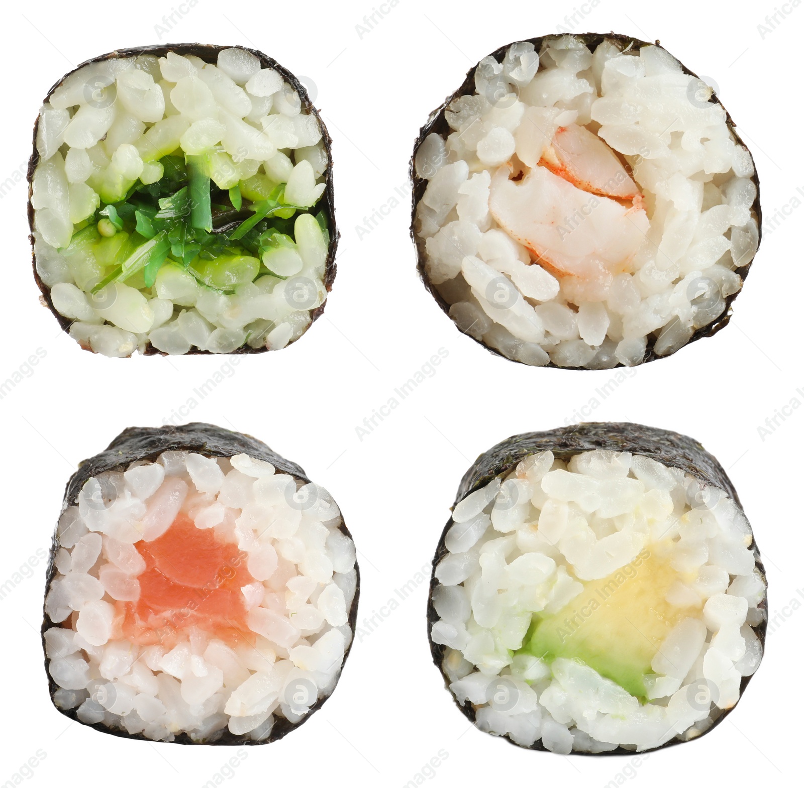 Image of Set of delicious different sushi rolls on white background