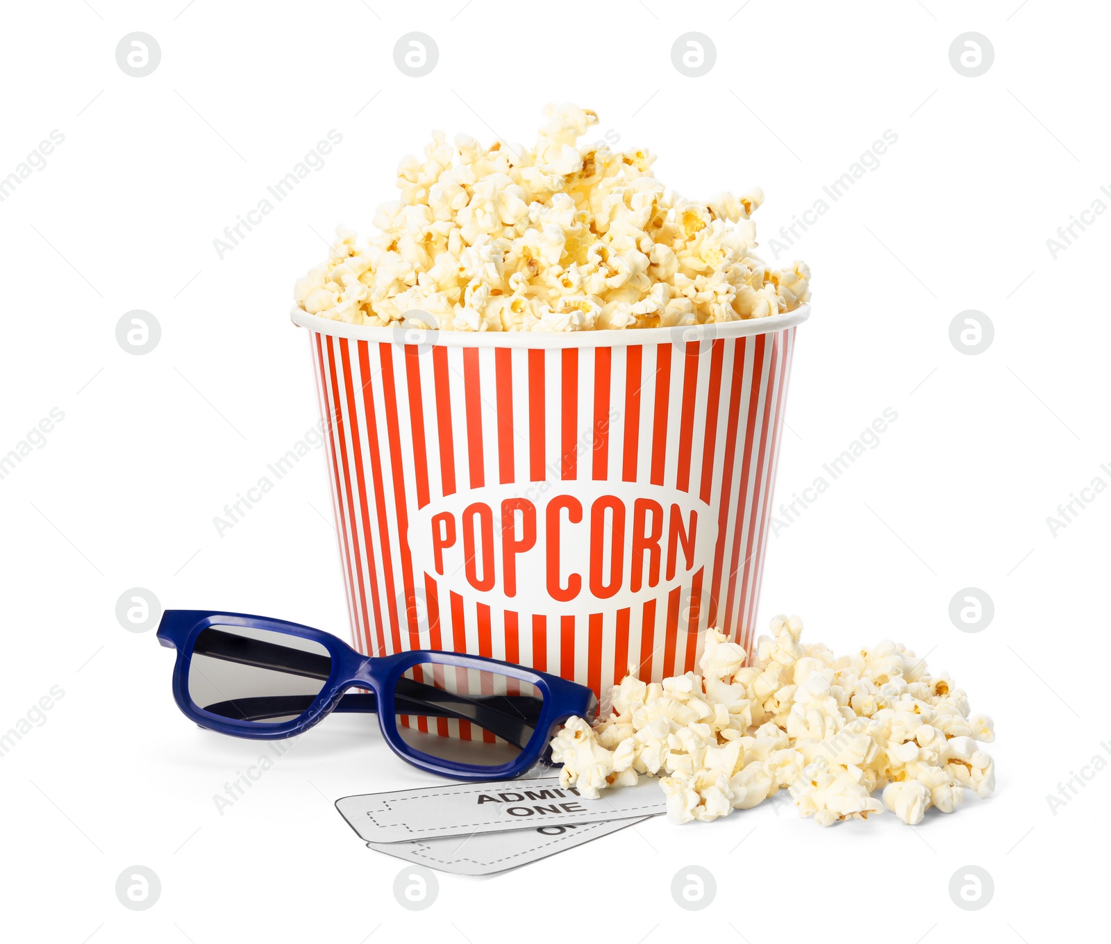 Photo of Bucket of fresh popcorn, tickets and 3D glasses on white background. Cinema snack