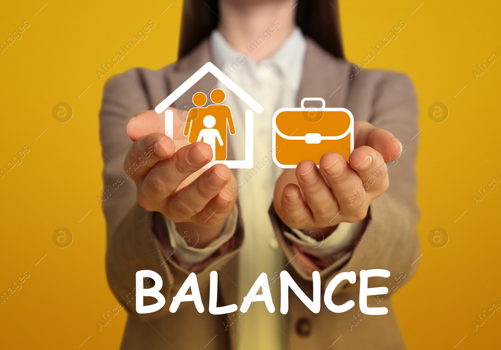 Image of Woman holding virtual icons against yellow background, closeup. Concept of balance between life and work