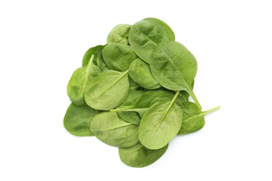 Pile of fresh spinach leaves isolated on white, top view