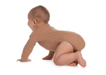 Photo of Cute little baby crawling on white background